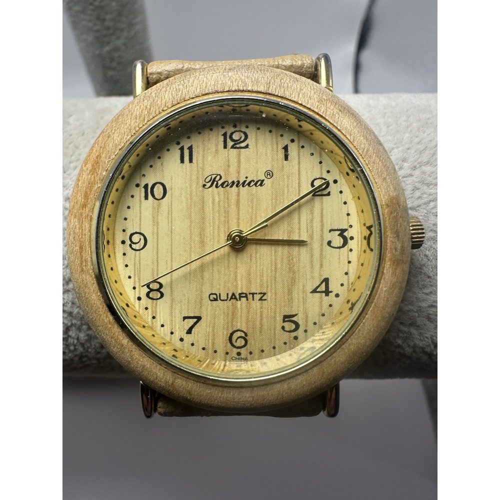 Ronica Vintage Ladies Wood Watch New Battery 40MM‎ 7.5" Leather Band C30